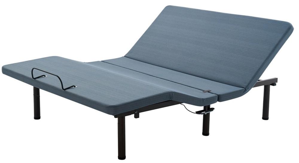 A bare adjustable base with a blue-grey deck and black legs, head and knees raised
