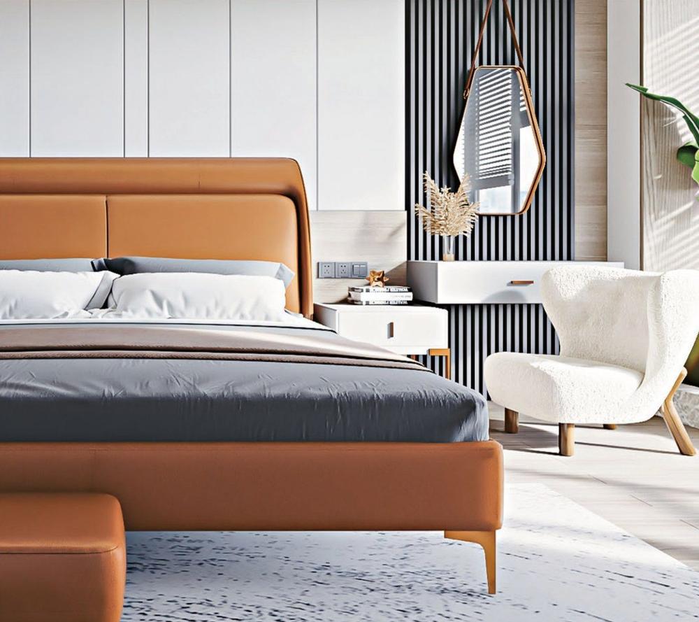 Orange leather bed with slim metal legs and a matching bench