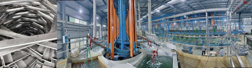 Stacked steel bed-frame parts beside an automated metal-finishing line in our factory