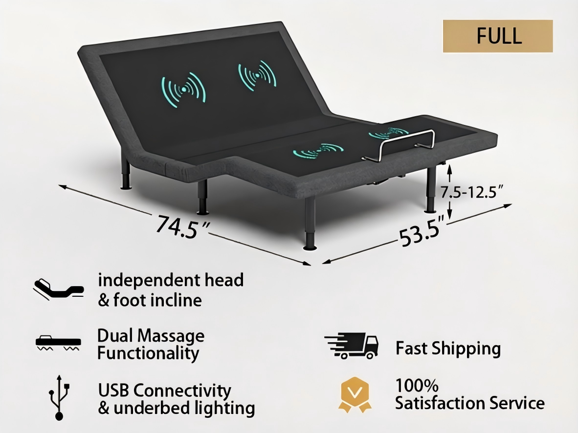 Adjustable Bed Frame Full Size with Massage -Wireless Remote Electric Power Bed Foundation Under-Bed Lighting | Zero Gravity | USB PortsX2 | Height Adjustable Legs