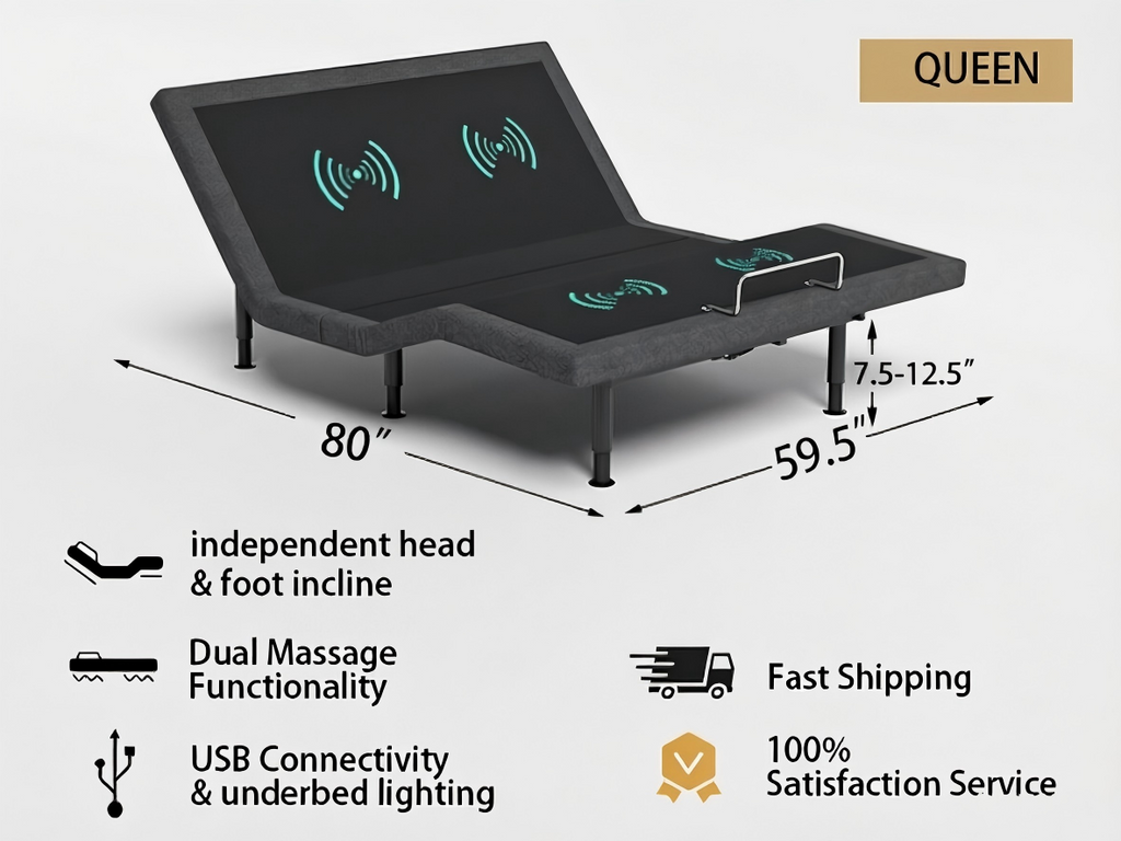 Adjustable Bed Frame Queen with Massage -Wireless Remote Electric Power Bed Foundation Under-Bed Lighting | Zero Gravity | USB PortsX2 | Height Adjustable Legs