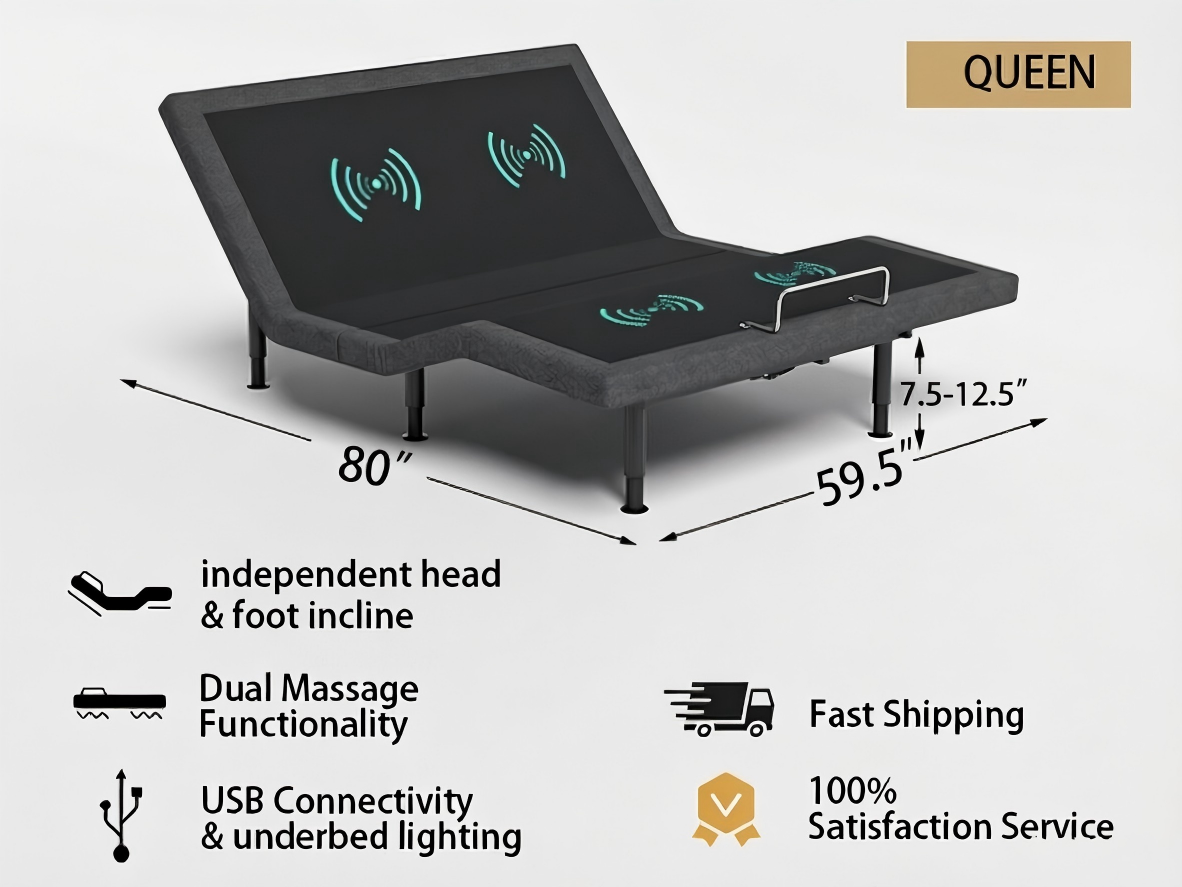 Adjustable Bed Frame Queen with Massage -Wireless Remote Electric Power Bed Foundation Under-Bed Lighting | Zero Gravity | USB PortsX2 | Height Adjustable Legs