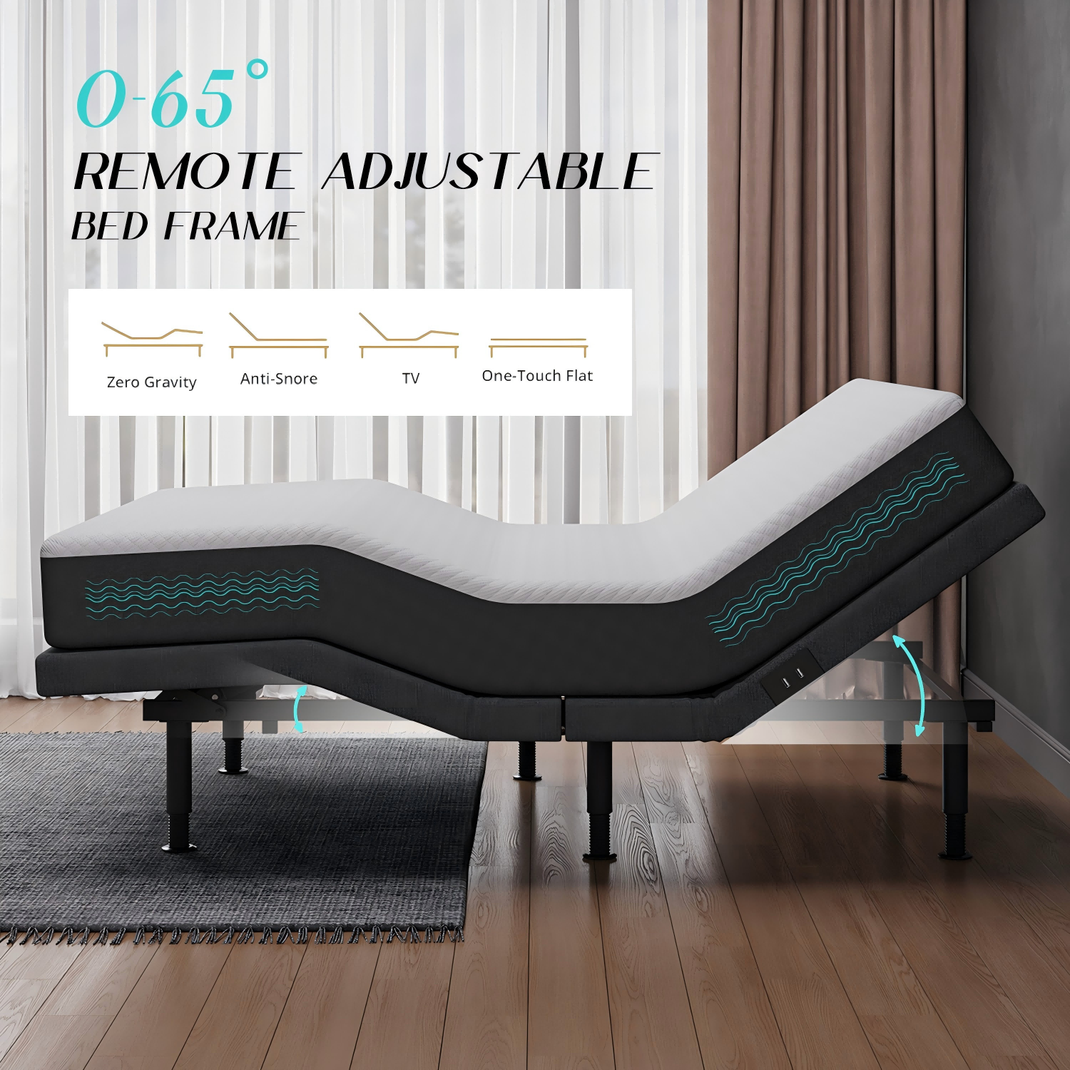 Adjustable Bed Frame Queen with Massage -Wireless Remote Electric Power Bed Foundation Under-Bed Lighting | Zero Gravity | USB PortsX2 | Height Adjustable Legs